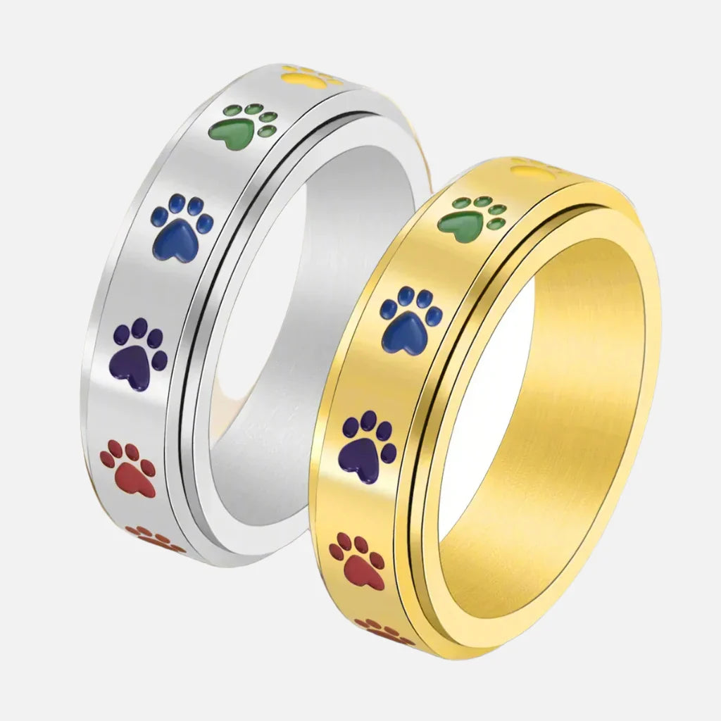 Spinning Paw Ring – Stainless Steel with Rainbow Paws