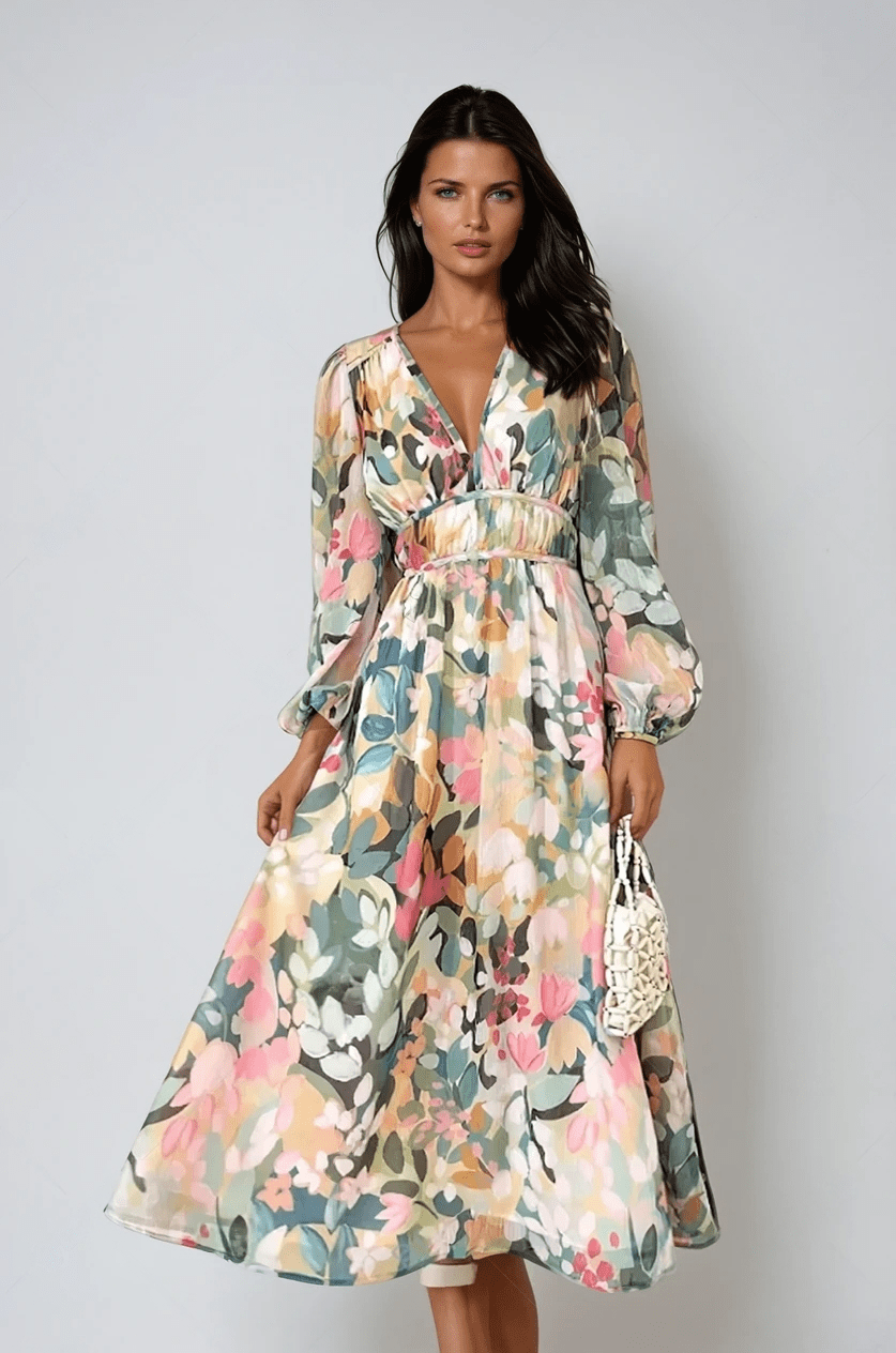 Violette | Floral Puff-Sleeve V-Neck Midi Dress