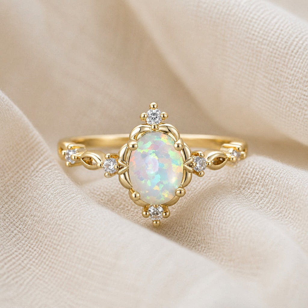 White Fire Opal Oval Stone Flower Ring