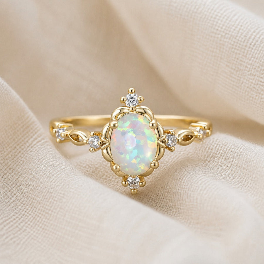 White Fire Opal Oval Stone Flower Ring