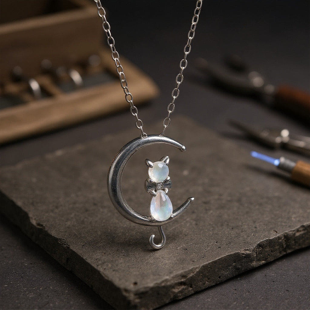 Moonstone Crescent and Cat Necklace