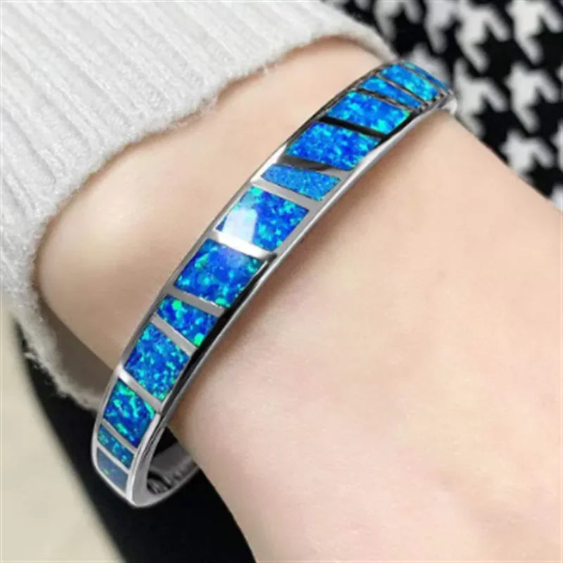 Adjustable Silver Bracelet with Blue Fire Opal-Style Stone