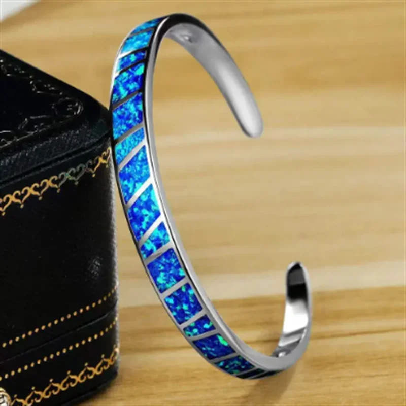 Adjustable Silver Bracelet with Blue Fire Opal-Style Stone