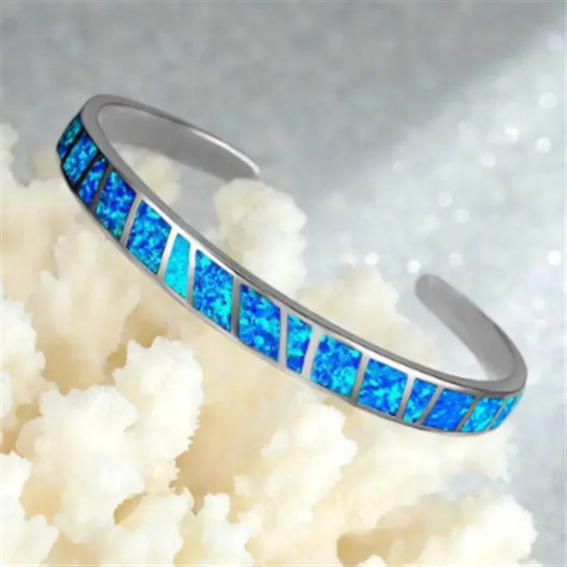 Adjustable Silver Bracelet with Blue Fire Opal-Style Stone