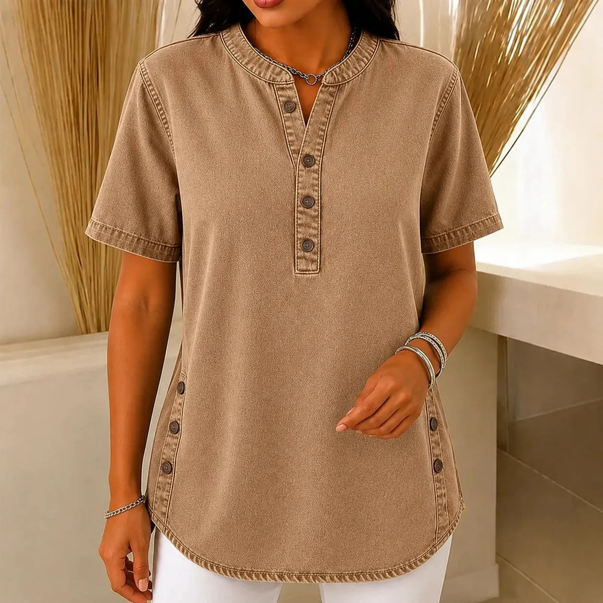 Avelyn | Henley Tunic Top with Side Buttons