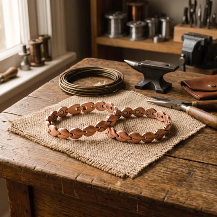 Two Bog copper anklets on linen