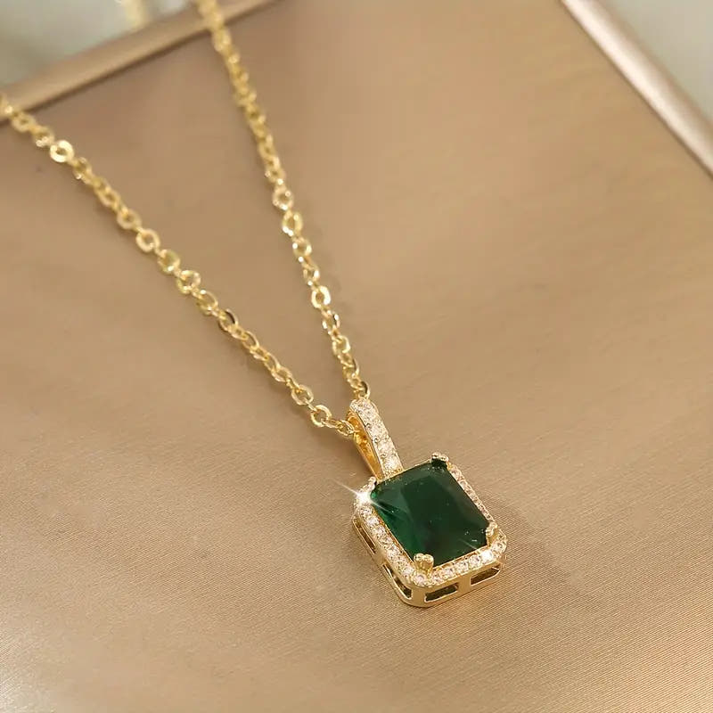 Gold Emerald Rectangular Halo Necklace