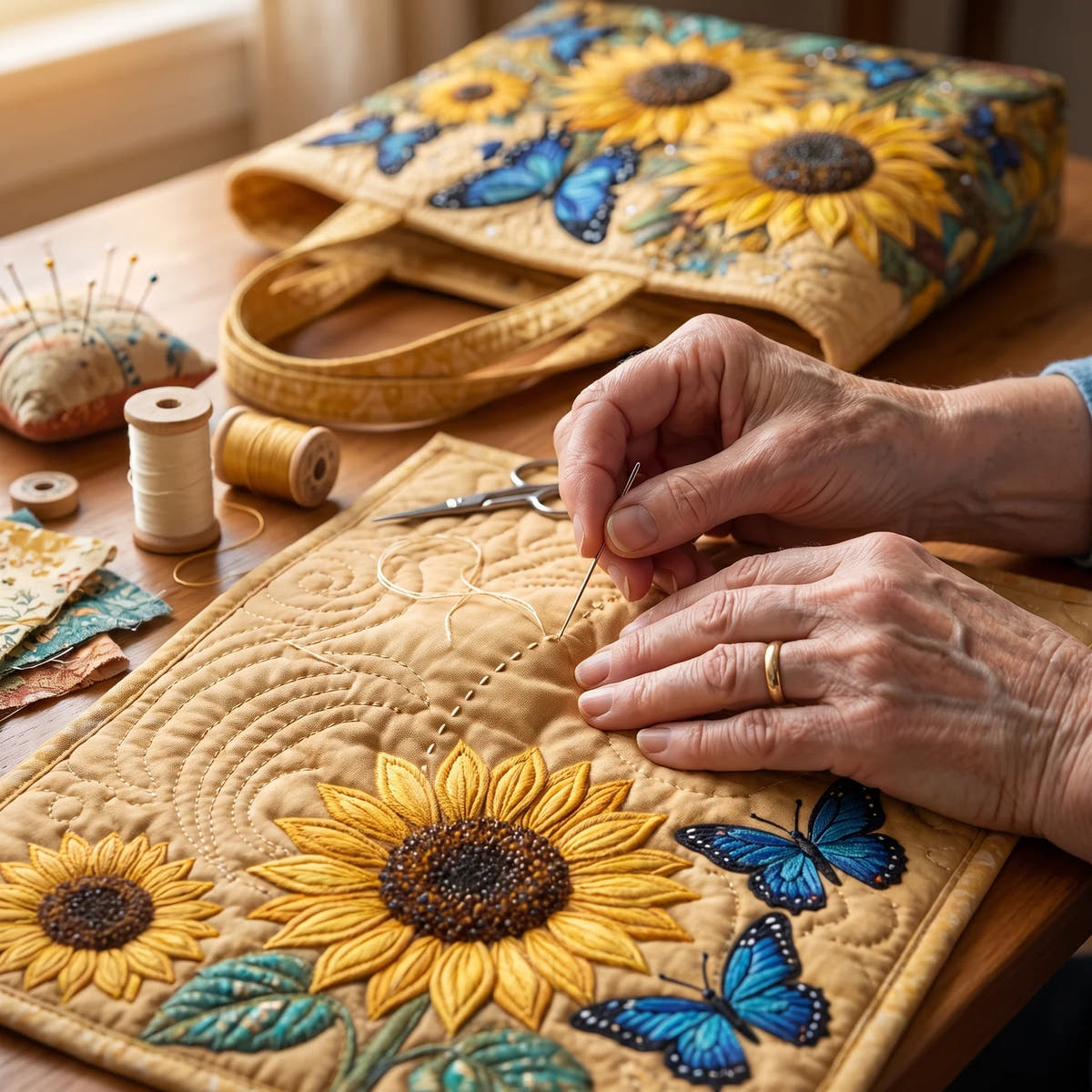 Caitlin | Sunflower & Butterfly Quilted Tote