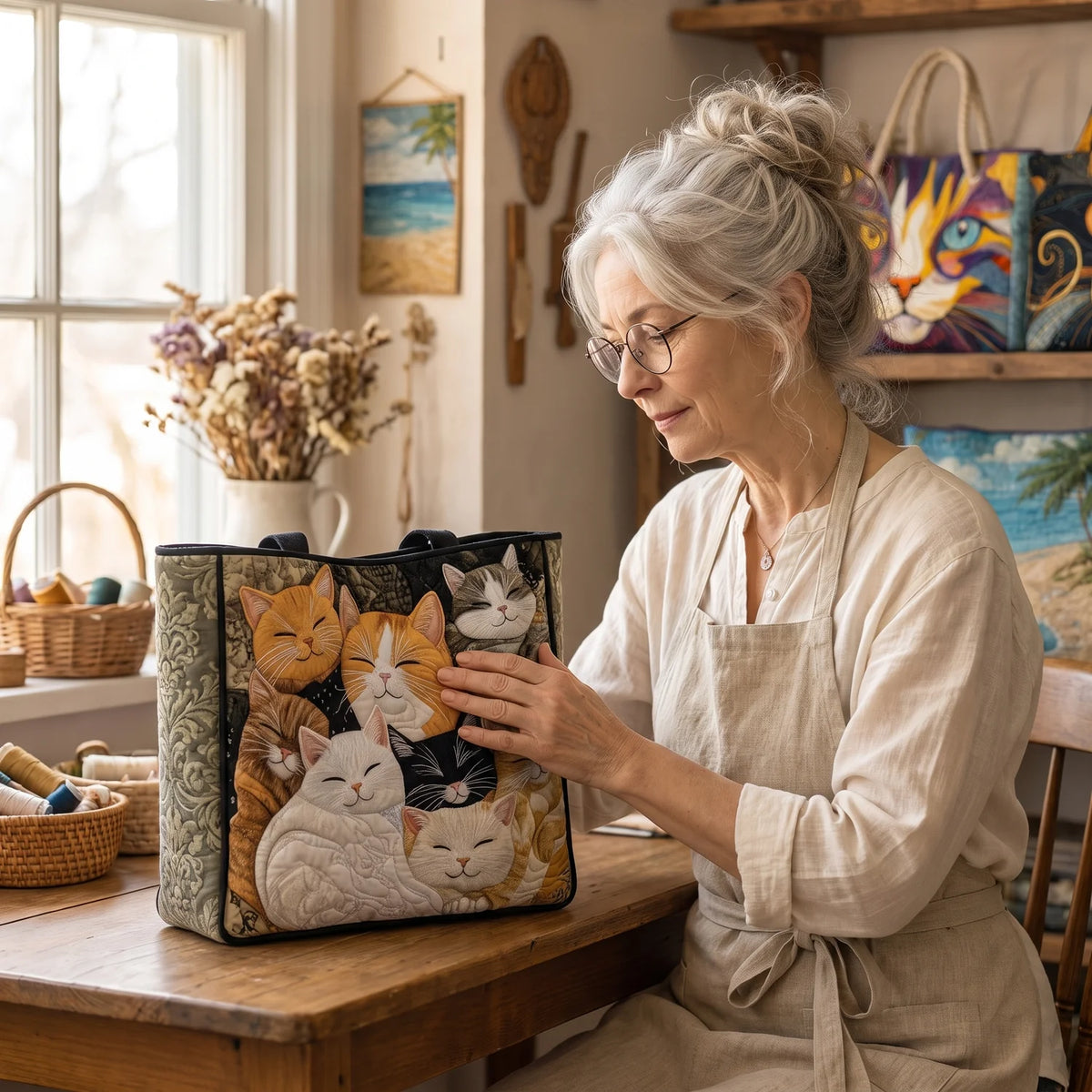 Cara | Sleeping Kittens Quilted Tote