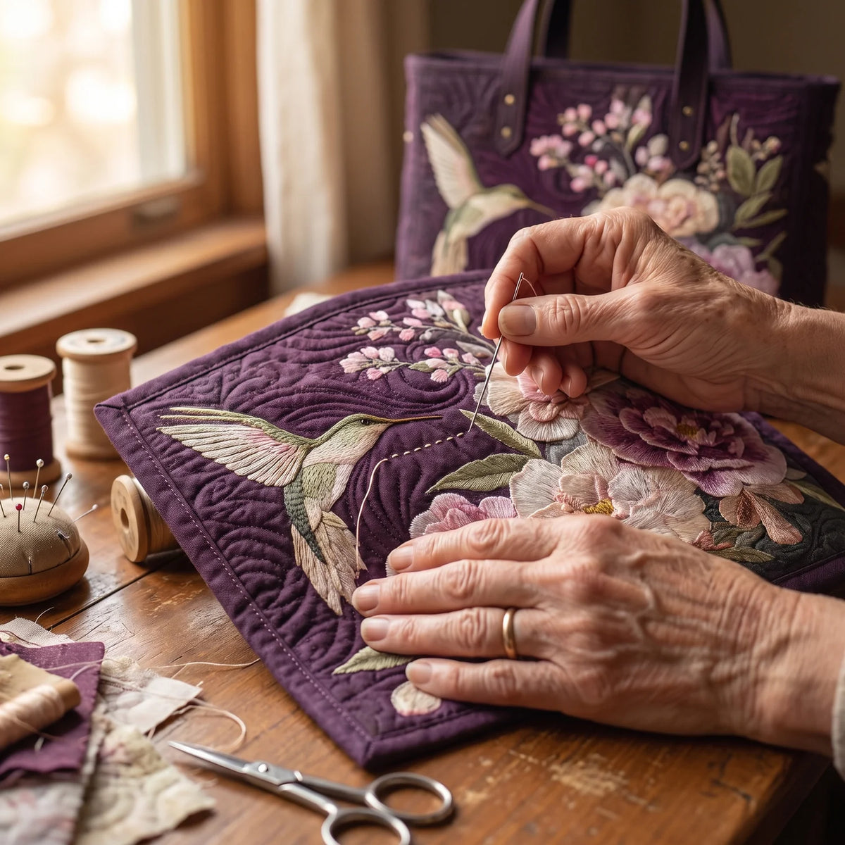 Carmela | Hummingbird & Orchid Quilted Tote