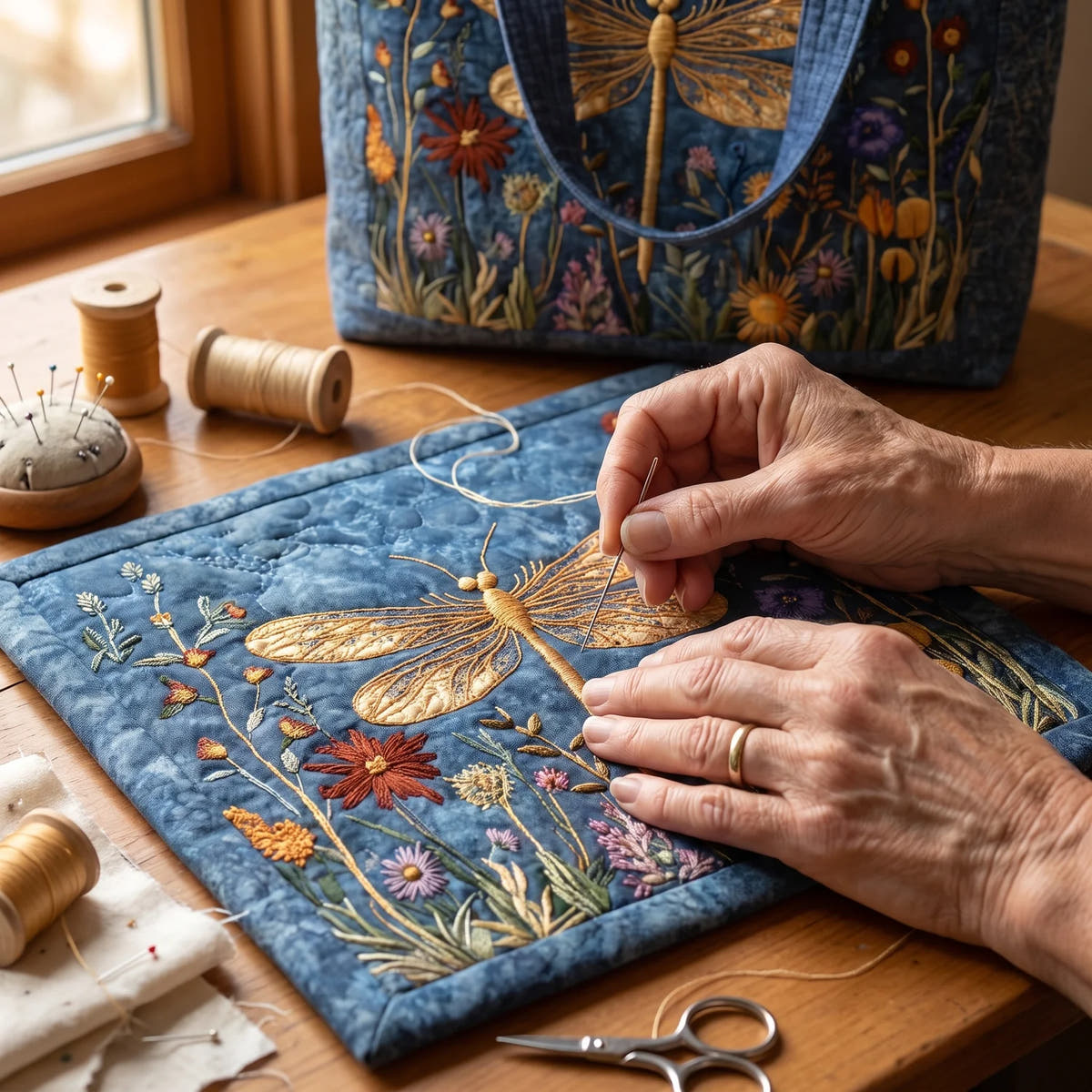 Carolina | Golden Dragonfly Quilted Tote