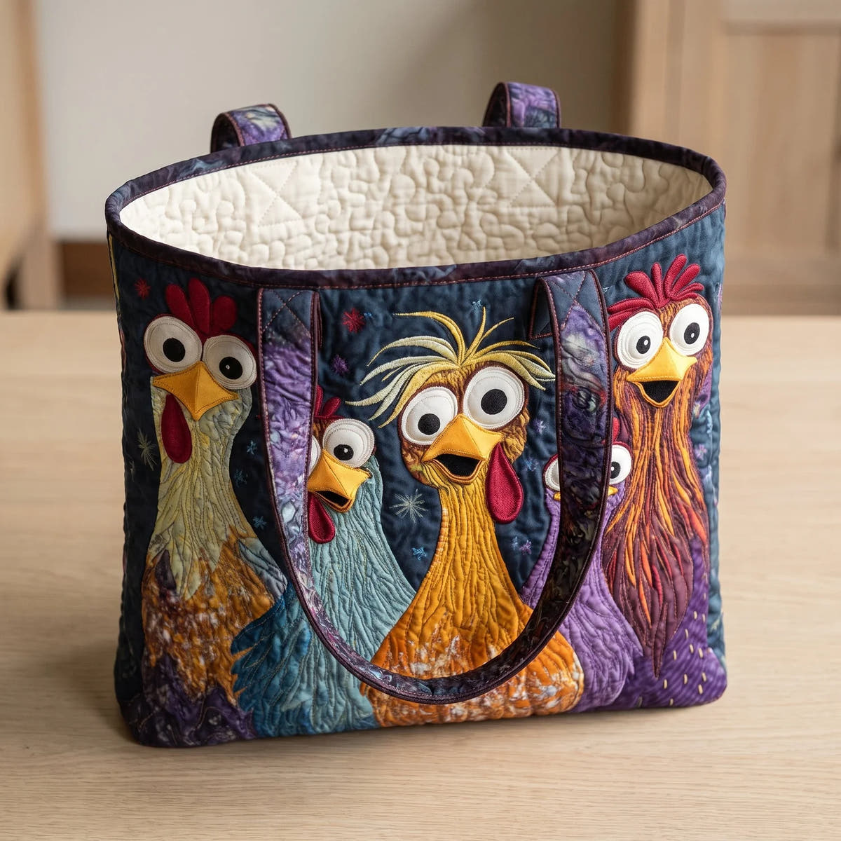 Caroline | Colourful Chickens Quilted Tote