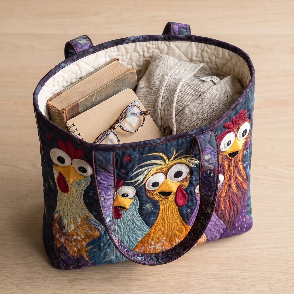 Caroline | Colourful Chickens Quilted Tote