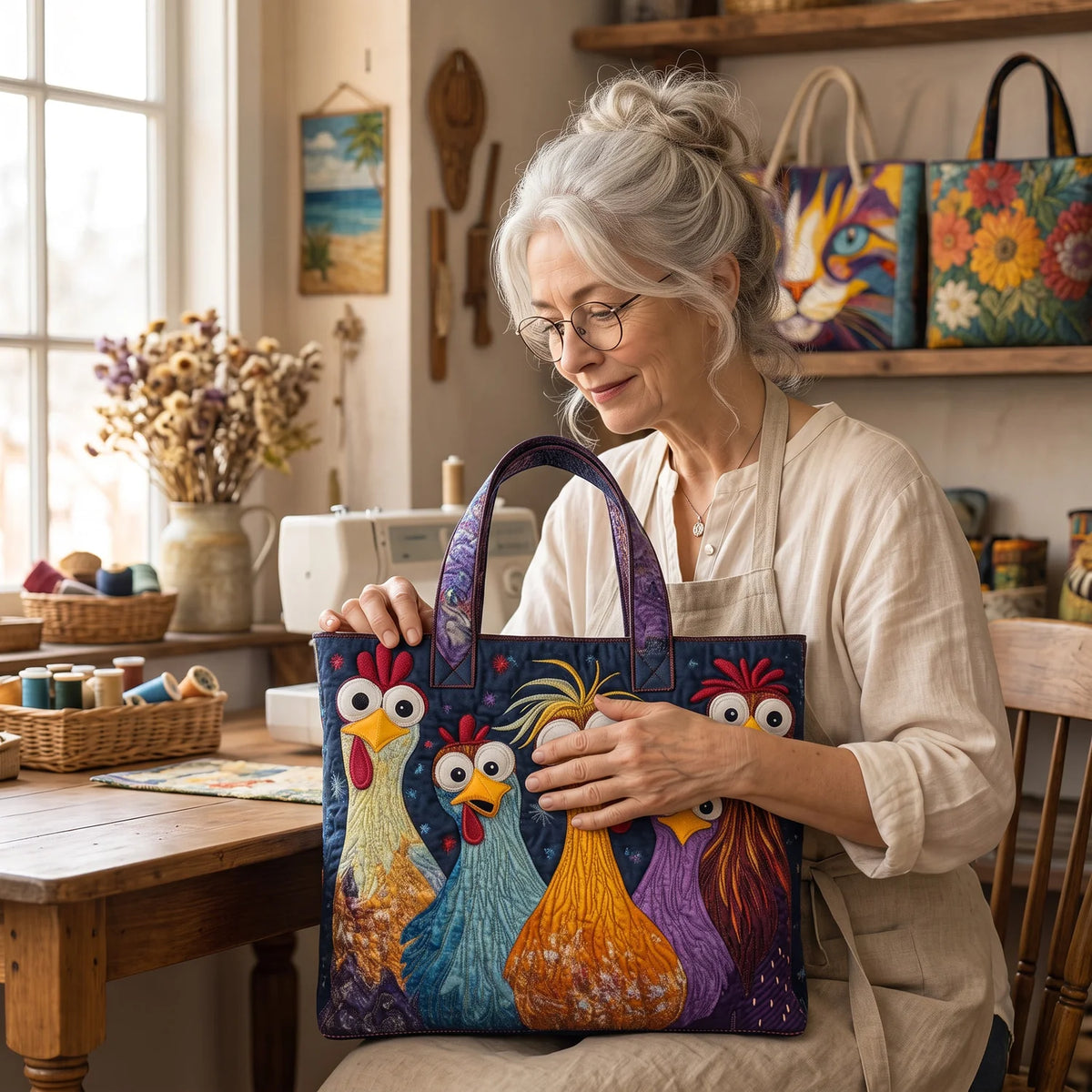Caroline | Colourful Chickens Quilted Tote