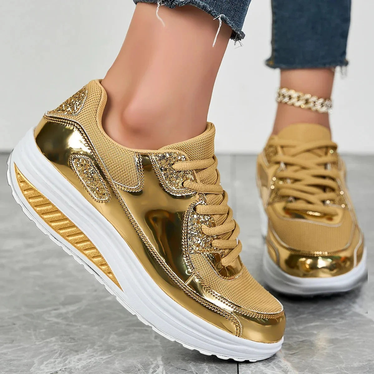Celeste | Metallic Glitter Lace-Up Platform Sneakers