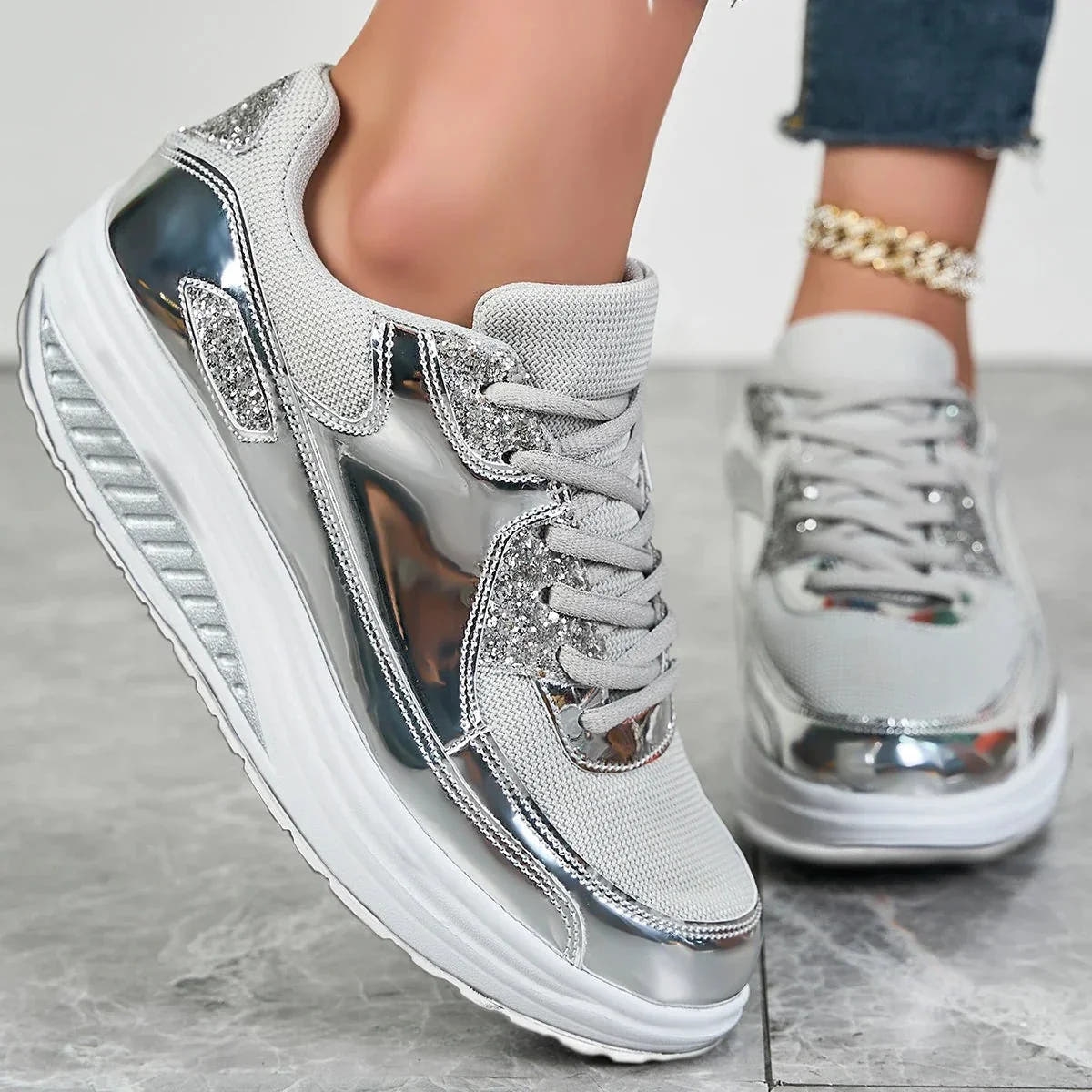 Celeste | Metallic Glitter Lace-Up Platform Sneakers