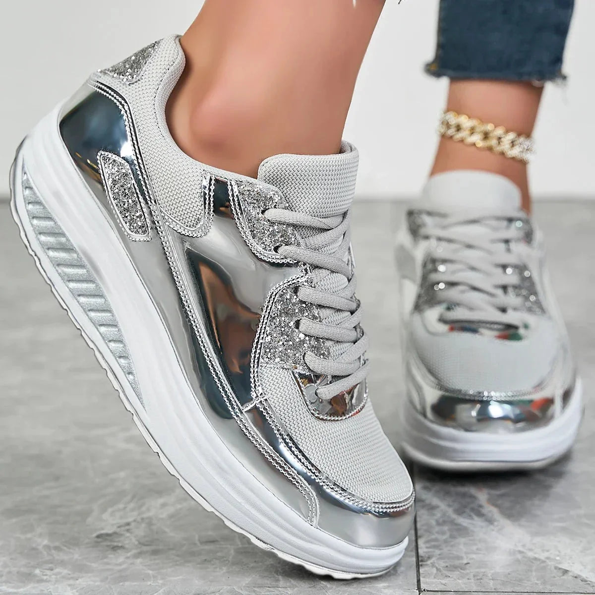 Celeste | Metallic Glitter Lace-Up Platform Sneakers
