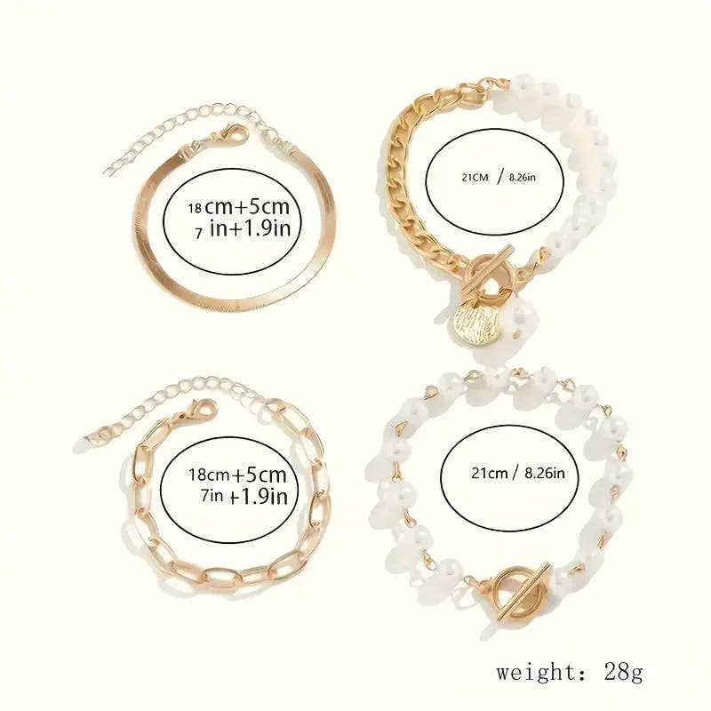 Chic Gold 4-Piece Bracelet Set - Snake, Pearls & Links | Gold