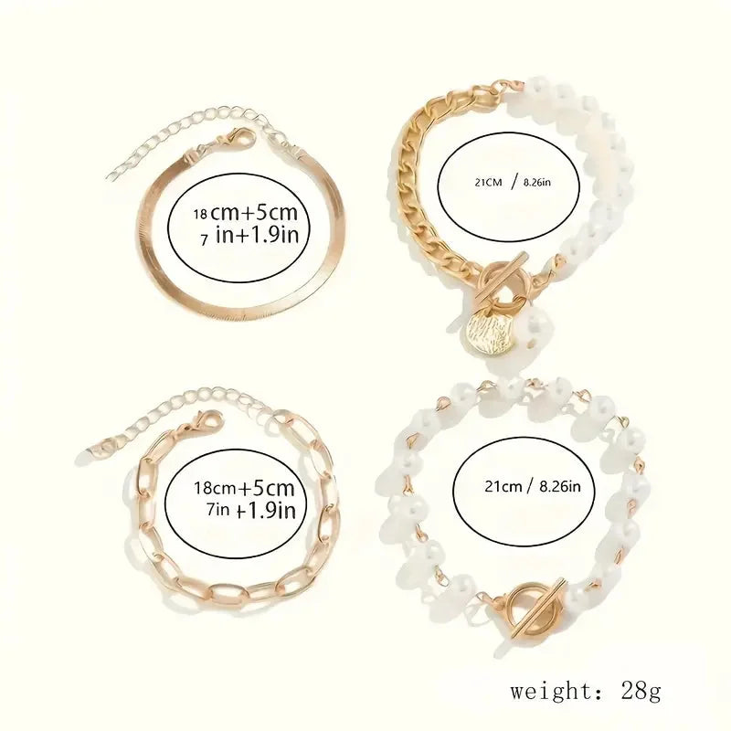Chic Gold 4-Piece Bracelet Set - Snake, Pearls & Links | Gold