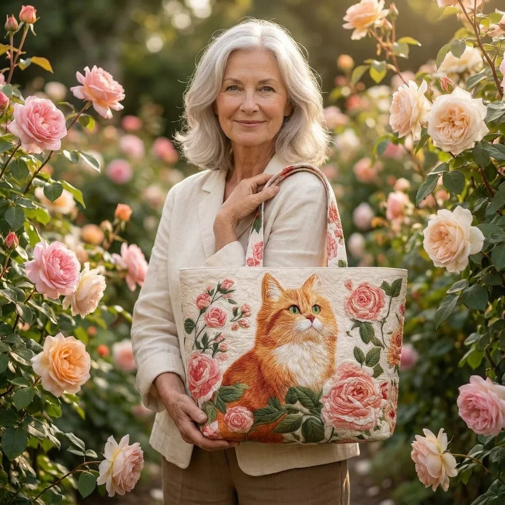 Christa | Orange Cat & Roses Tote