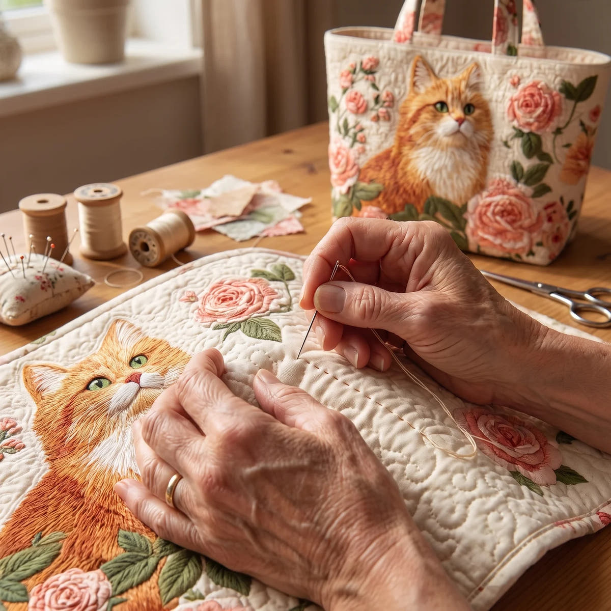 Christa | Orange Cat & Roses Tote