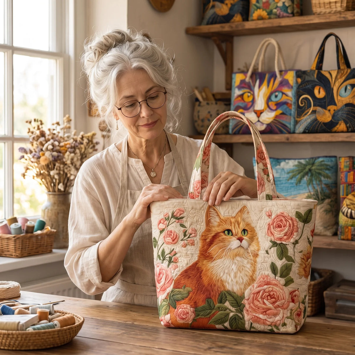 Christa | Orange Cat & Roses Tote