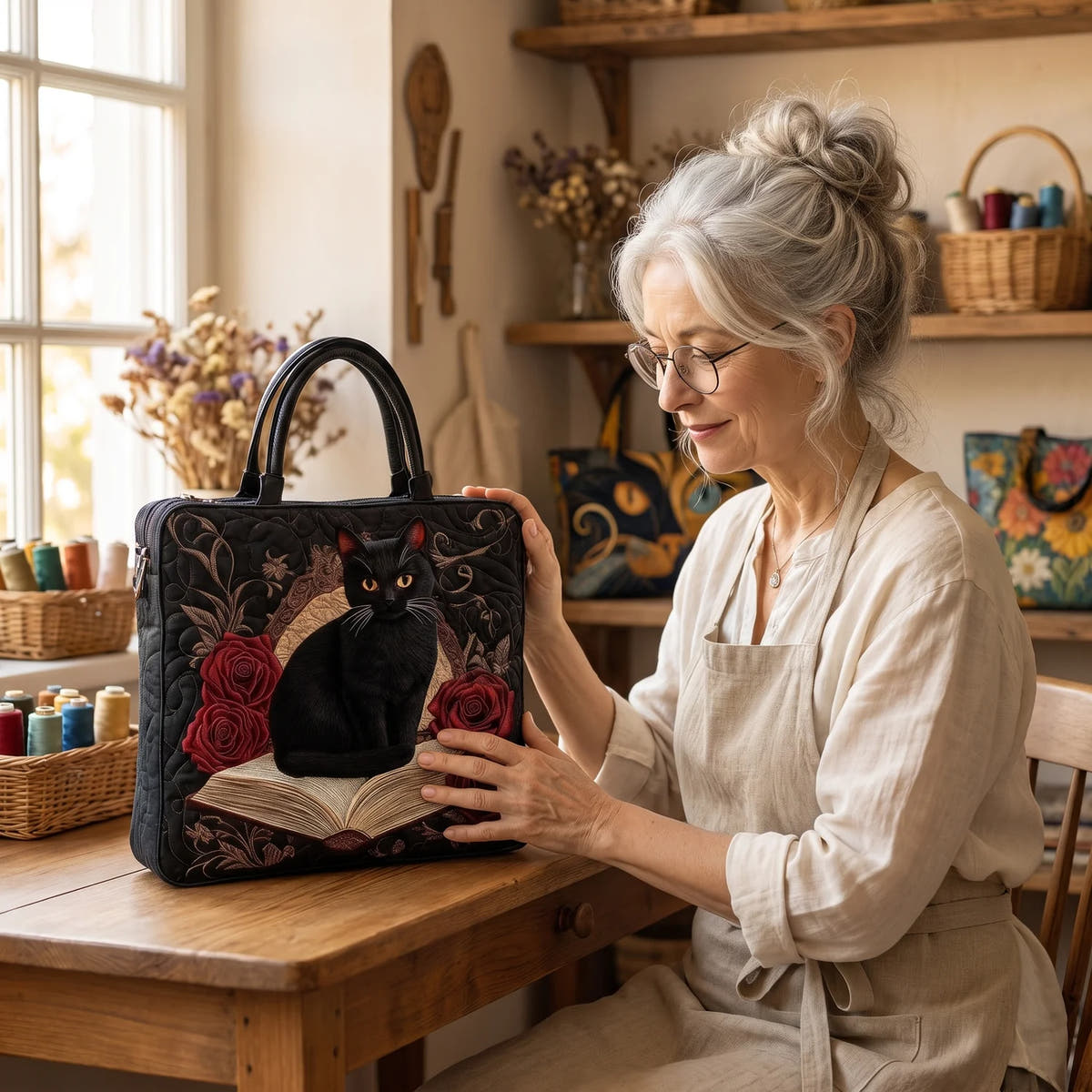 Cindy | Quilted Black Cat Book Tote