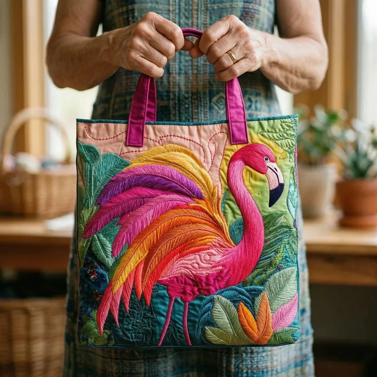 Claudia | Rainbow Flamingo Quilted Tote
