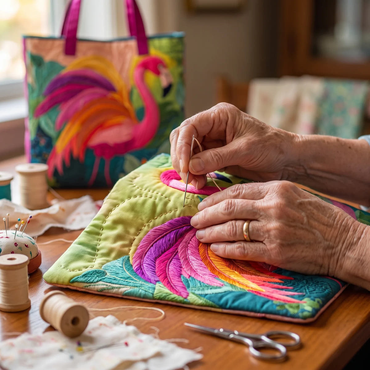 Claudia | Rainbow Flamingo Quilted Tote