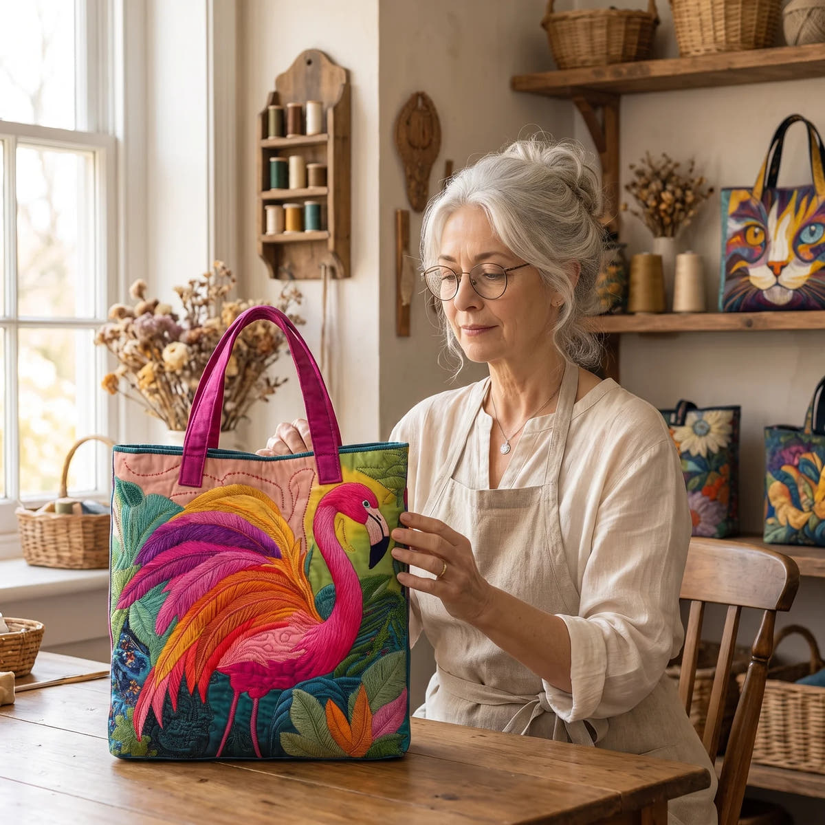 Claudia | Rainbow Flamingo Quilted Tote