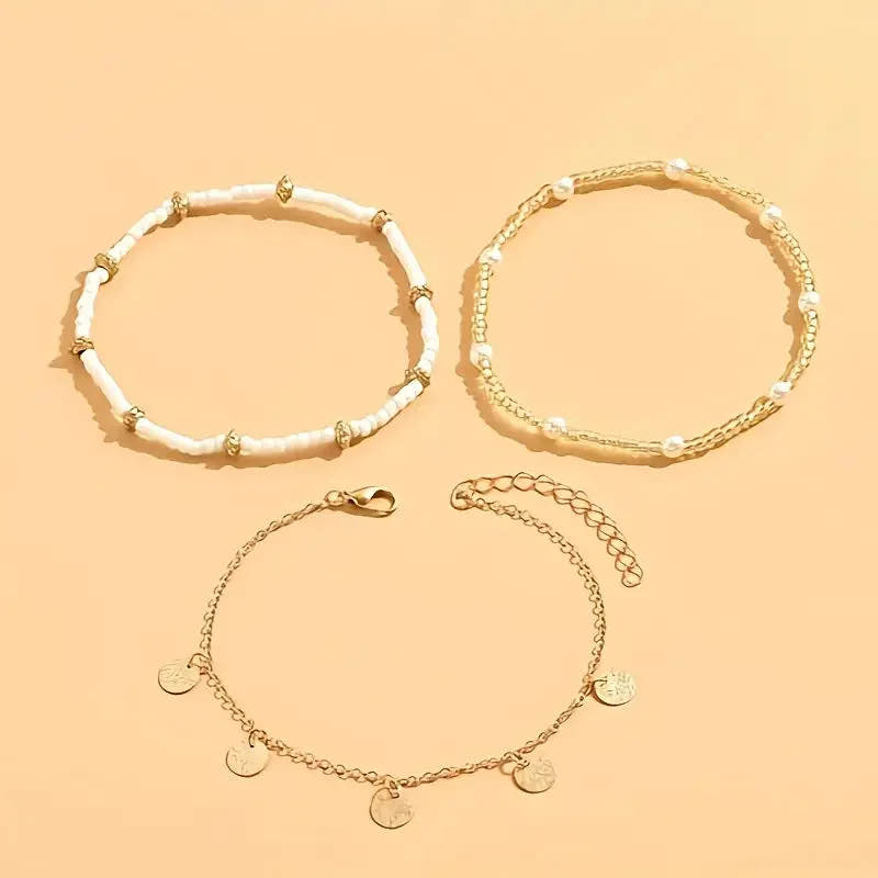 Coastal Charm 3-Piece Layered Anklet Set | Gold