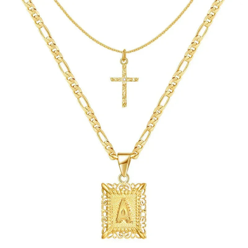 Cross Initial Necklace Set | Gold