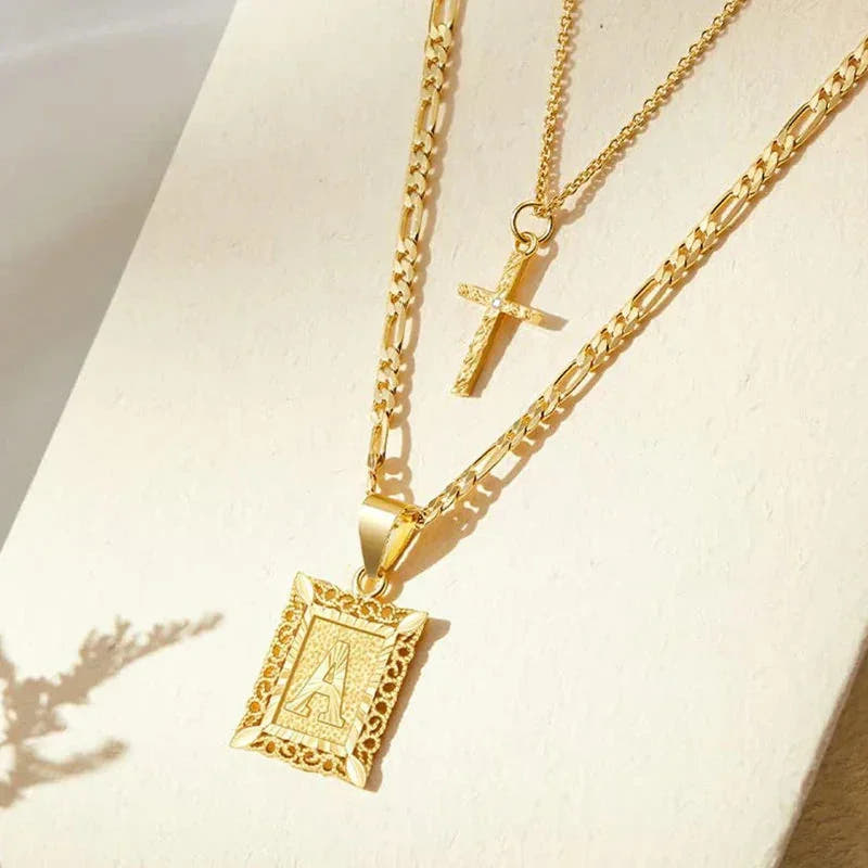 Cross Initial Necklace Set | Gold