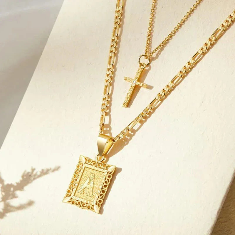 Cross Initial Necklace Set | Gold