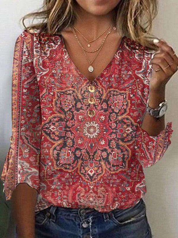 Gwenaelle | Red Print V-Neck Top