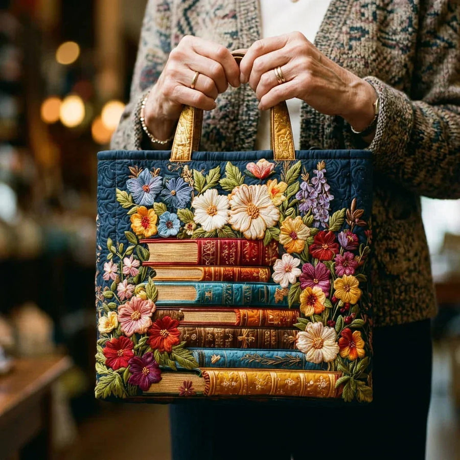 Doreen | Floral & Books Quilted Tote