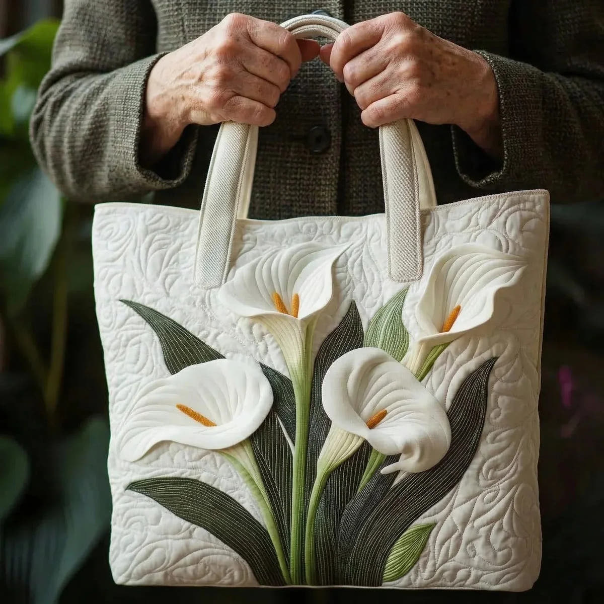 Eileen | White Lilies Quilted Tote