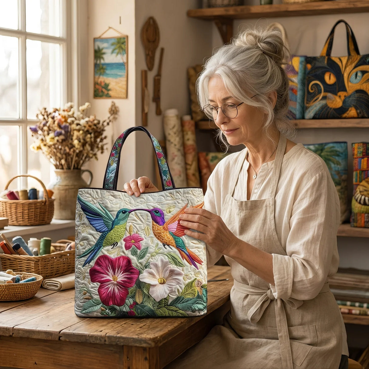 Eleanor | Hummingbird & White Flowers Tote