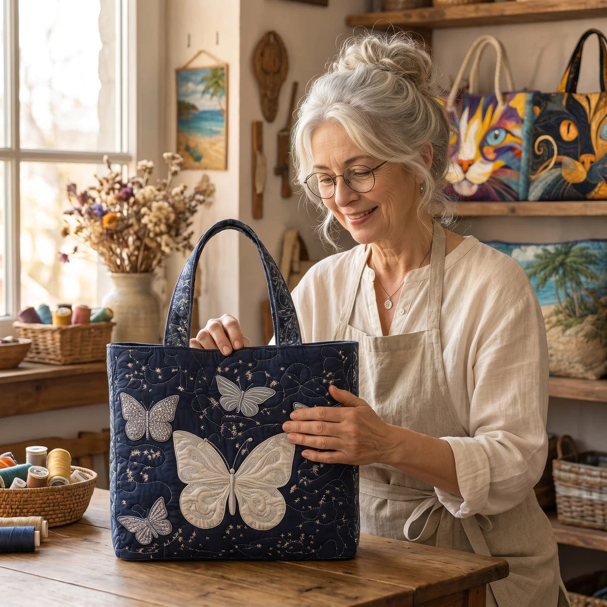 Erin | Silver Butterfly Quilted Tote