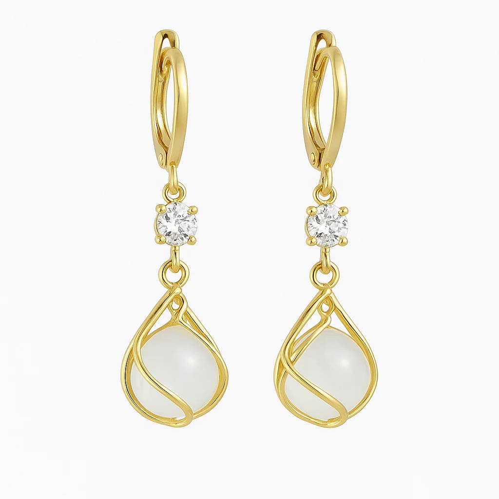 Gold Drop Earrings with White Opal