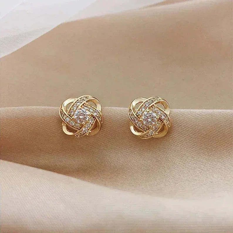 Golden Floral Spiral Earrings with Crystals