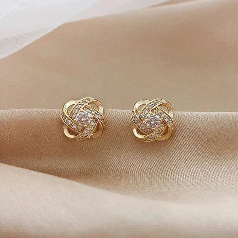 Golden Floral Spiral Earrings with Crystals