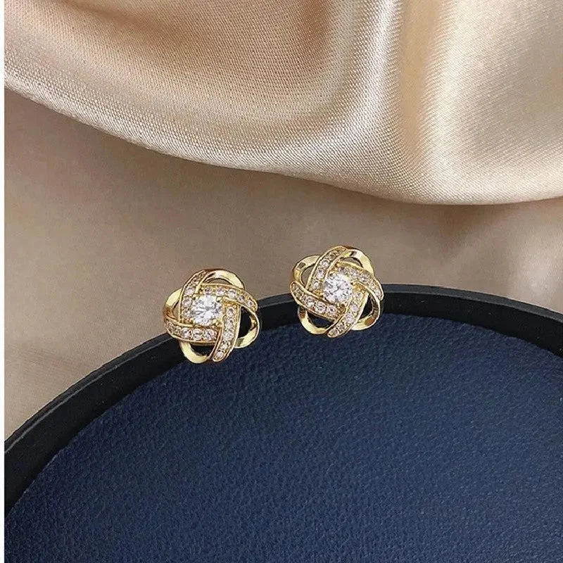 Golden Floral Spiral Earrings with Crystals