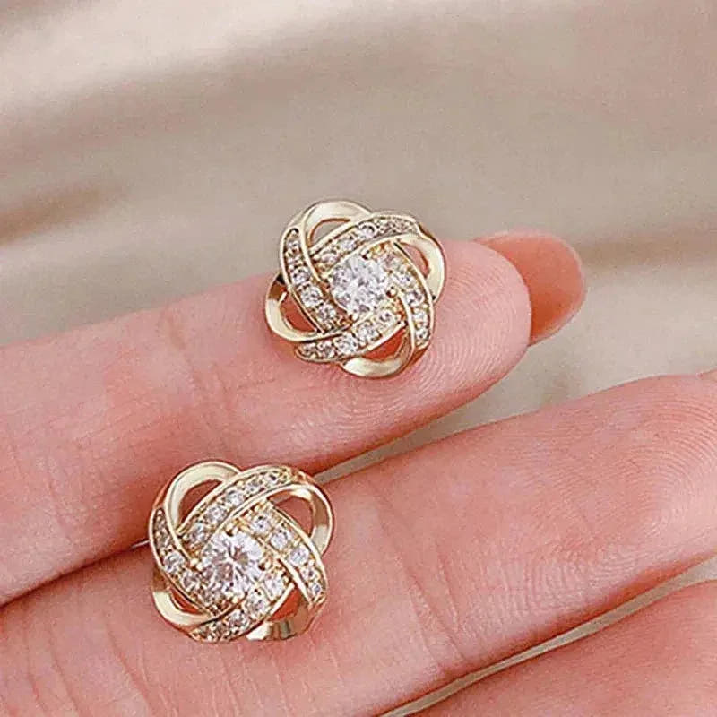 Golden Floral Spiral Earrings with Crystals