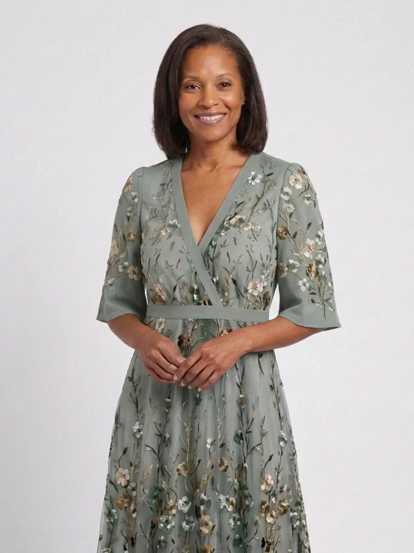 Evadne | Embroidered V Neck Maxi Dress