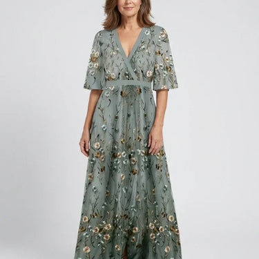 Evadne | Embroidered V Neck Maxi Dress