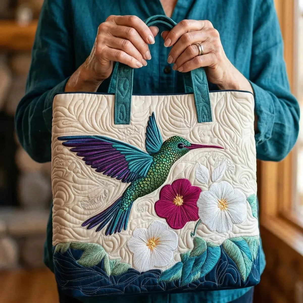 Ida | Quilted Hummingbird Floral Tote