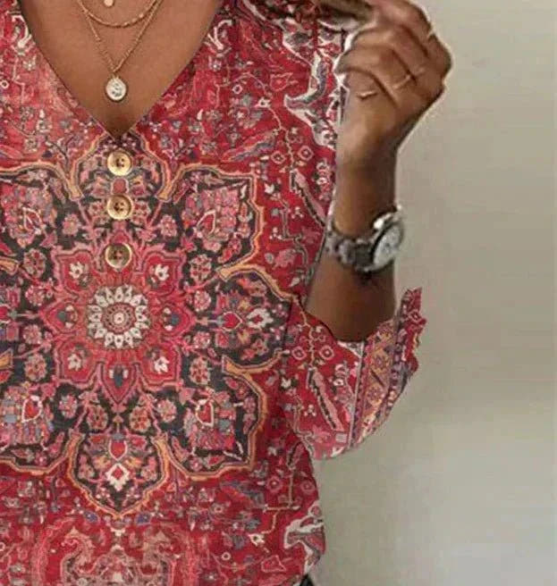 Gwenaelle | Red Print V-Neck Top