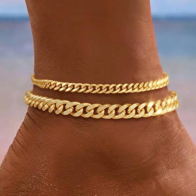 Layered Cuban Link Anklet | Gold