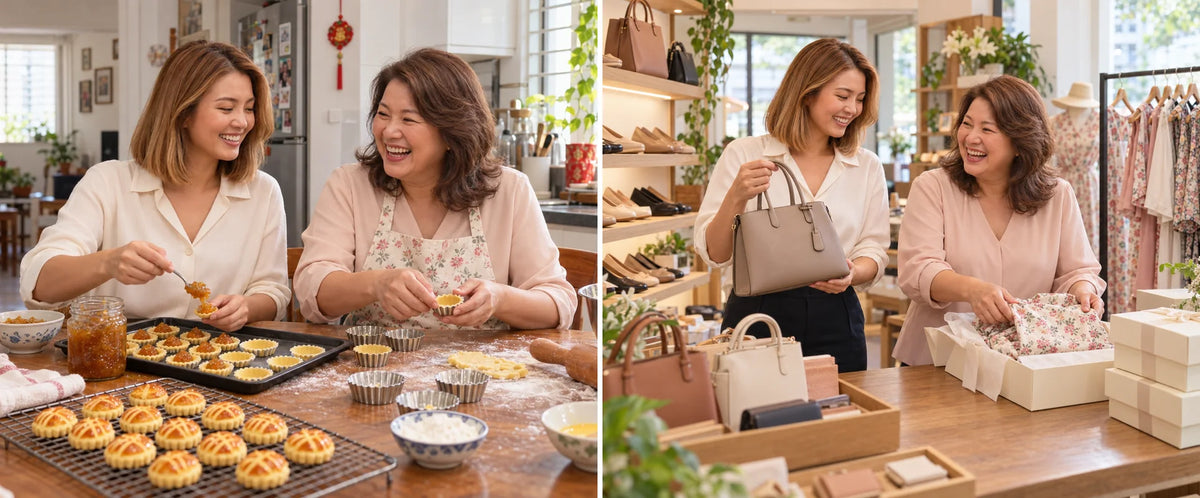 Emma and her daughter Lily baking pineapple tarts at home, and together in their shop